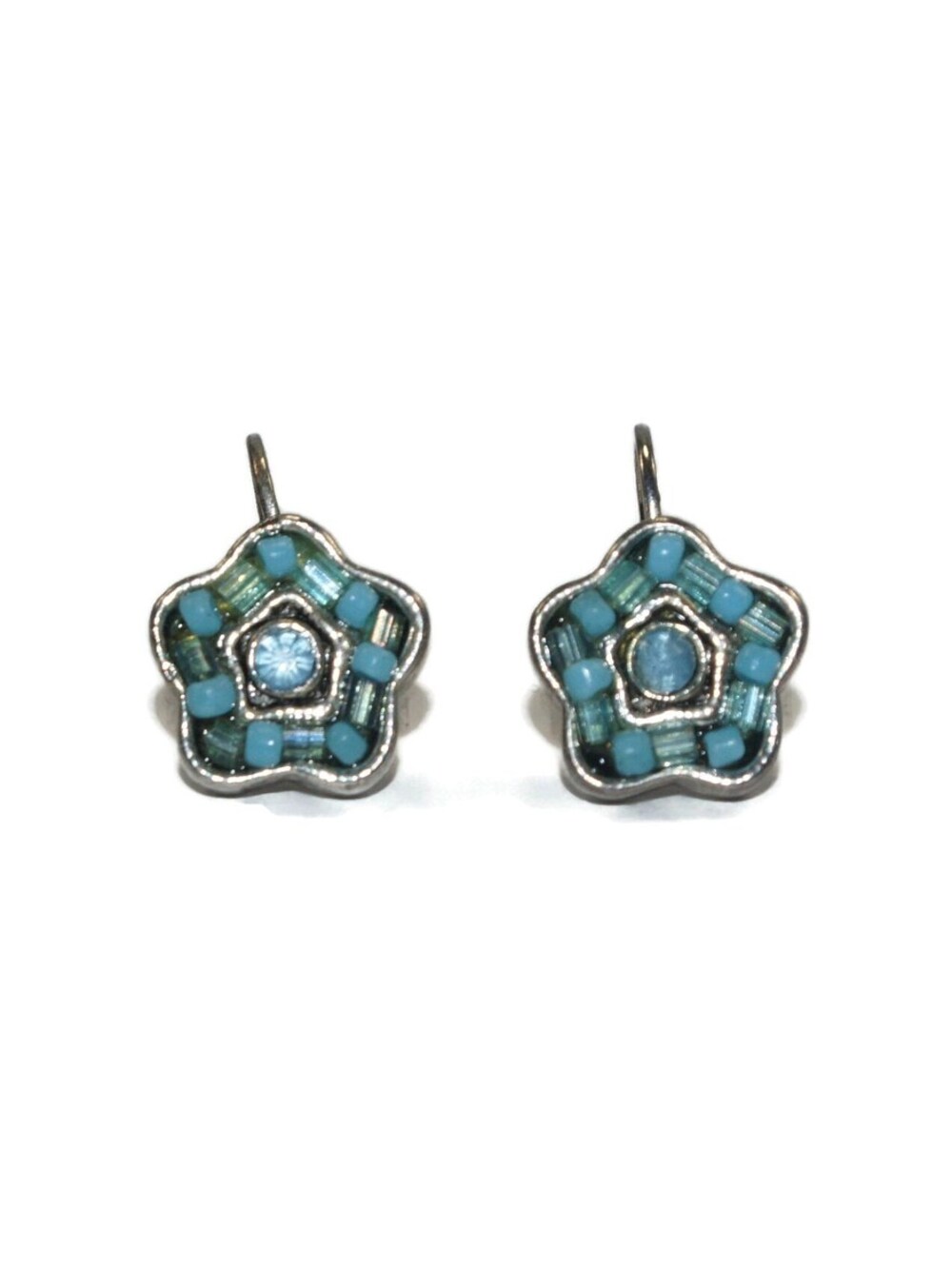 Vintage Silver Tone, Blue Rhinestone and Blue Beads Dangle Earrings.
